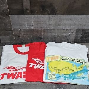 Vintage TWA Airline T-Shirt Lot (3) – Large – 2 White, 1 Red – Airline Collectib